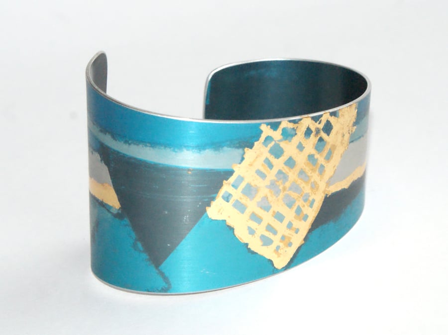 Gold and turquoise asymmetric landscape cuff