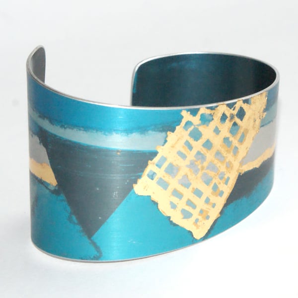 Gold and turquoise asymmetric landscape cuff