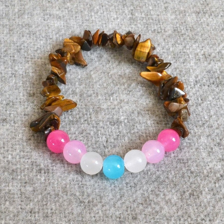 Femboy Pride Flag and Tiger’s Eye Chip Elastic Bracelet