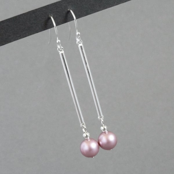 Long Dusky Pink Pearl and Silver Bar Dangle Earrings - Simple Pink Drop Earrings