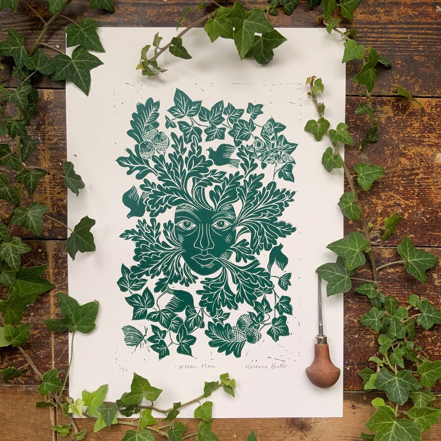 Green Man Original linocut print