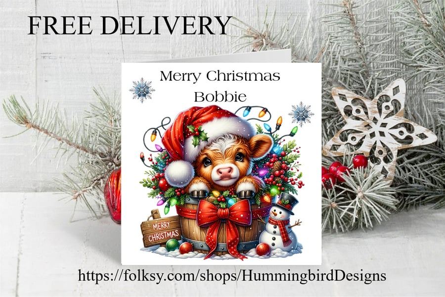 Personalized Cute Highland Cow Christmas Card. Design 11. Free Postage