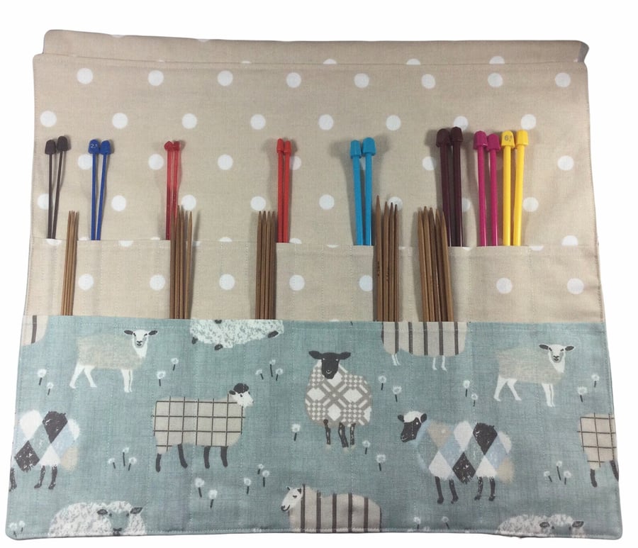 Straight and double pointed knitting needle case with blue sheep, knitting needl
