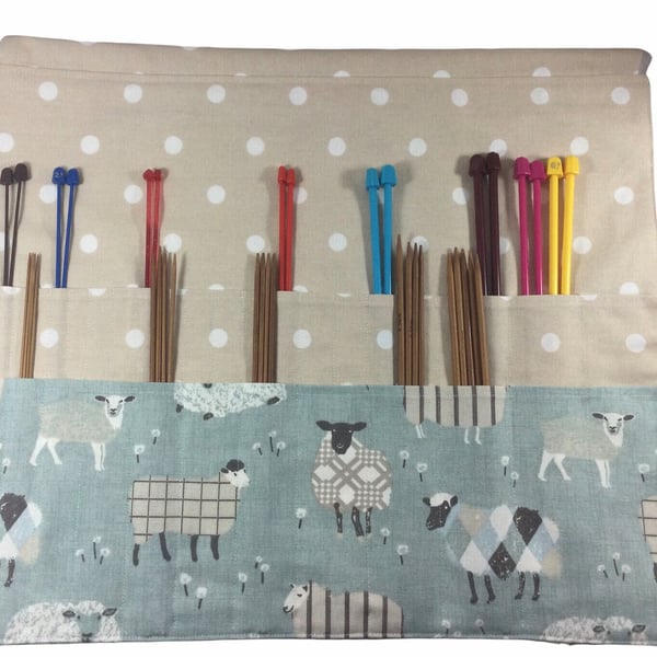 Straight and double pointed knitting needle case with blue sheep, knitting needl