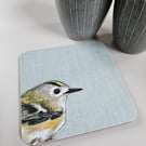 'Peeking' Goldcrest coaster, garden bird mat