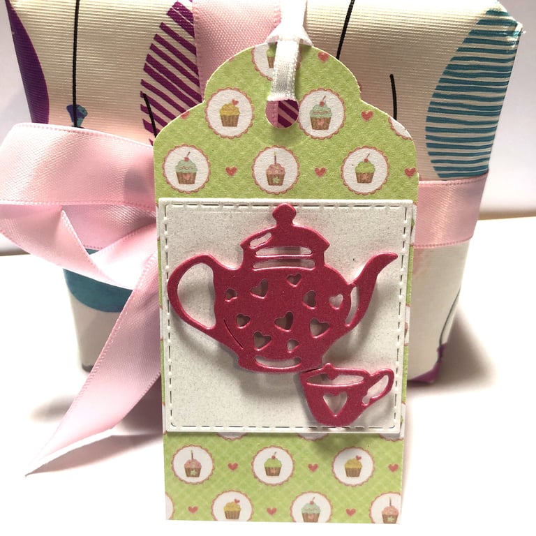 Handmade Teapot Gift Tags: Raspberry Pink Tea Party Favors, Set of 6