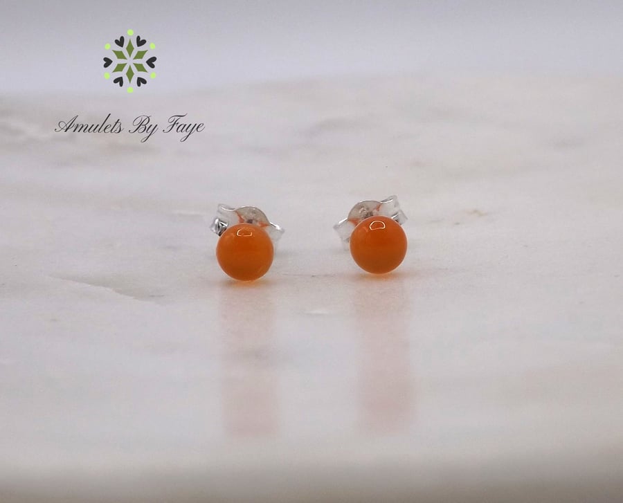 Carnelian Round Cabochon 4mm Gemstone Sterling Silver Stud Earrings.