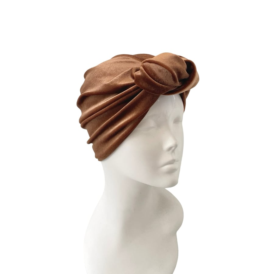 Taupe Brown Knotted Velvet Turban Hat for Women Vintage Style Head Wrap Scarf