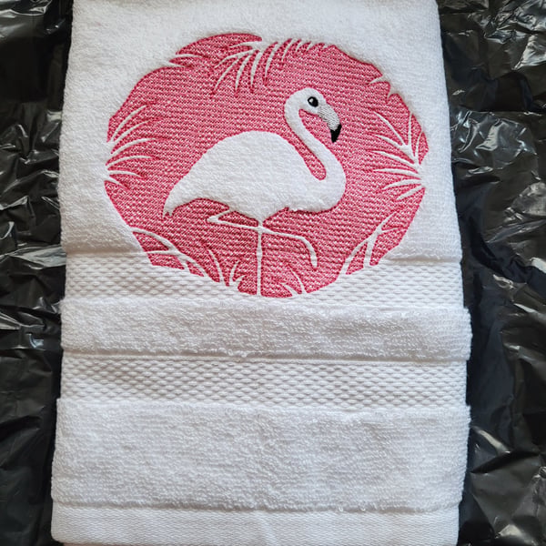 Embroidered Flamingo Hand Towel 