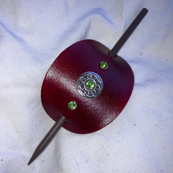 Dark Red Leather Hair Stick Barrette Celtic Centre w 3 Green Gems - FREE SHIP
