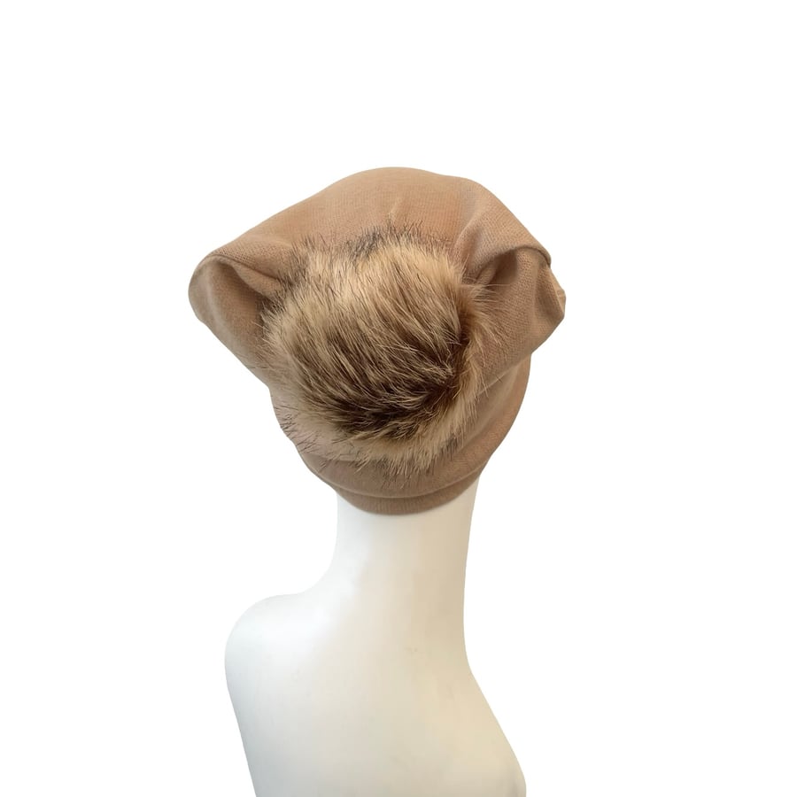 Large Size Beige Knit Beanie Hat with Faux Fur Pom Pom for Women Women's Hats