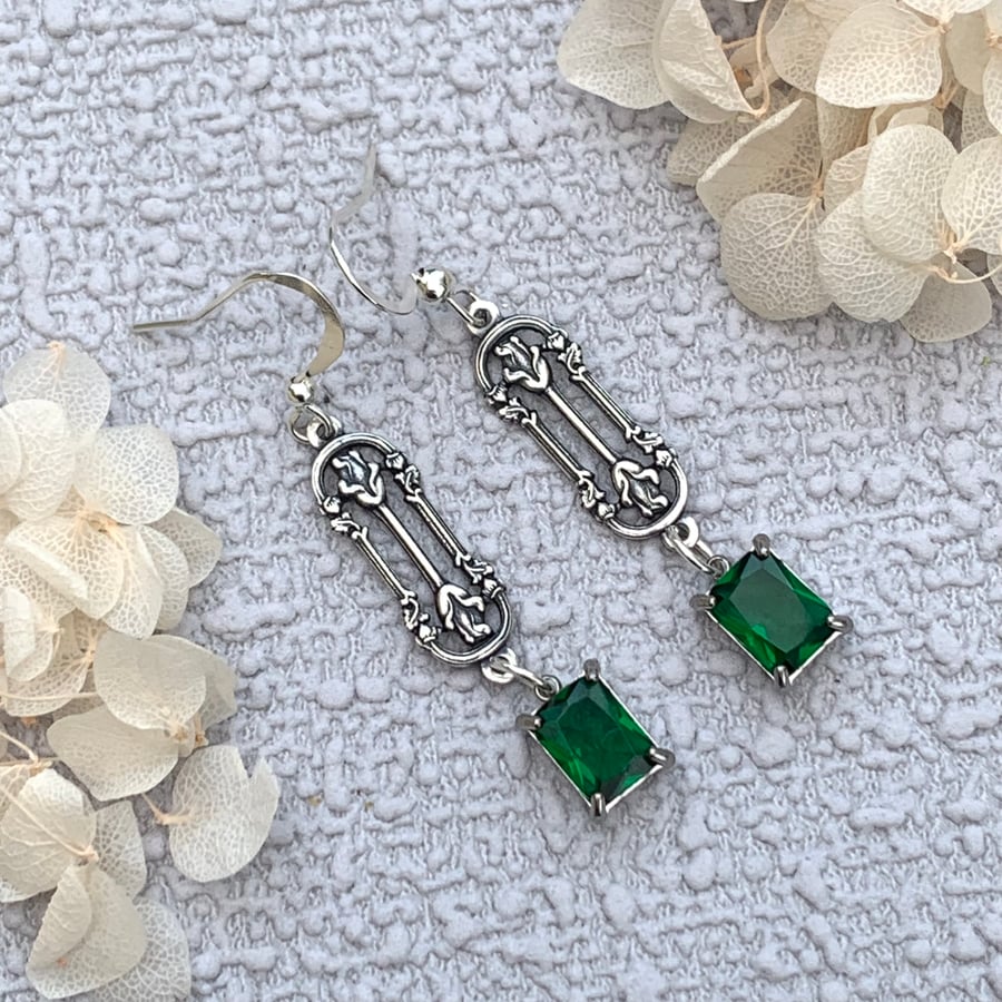 Art Nouveau Style Antique Silver and Green Glass Drop Earrings