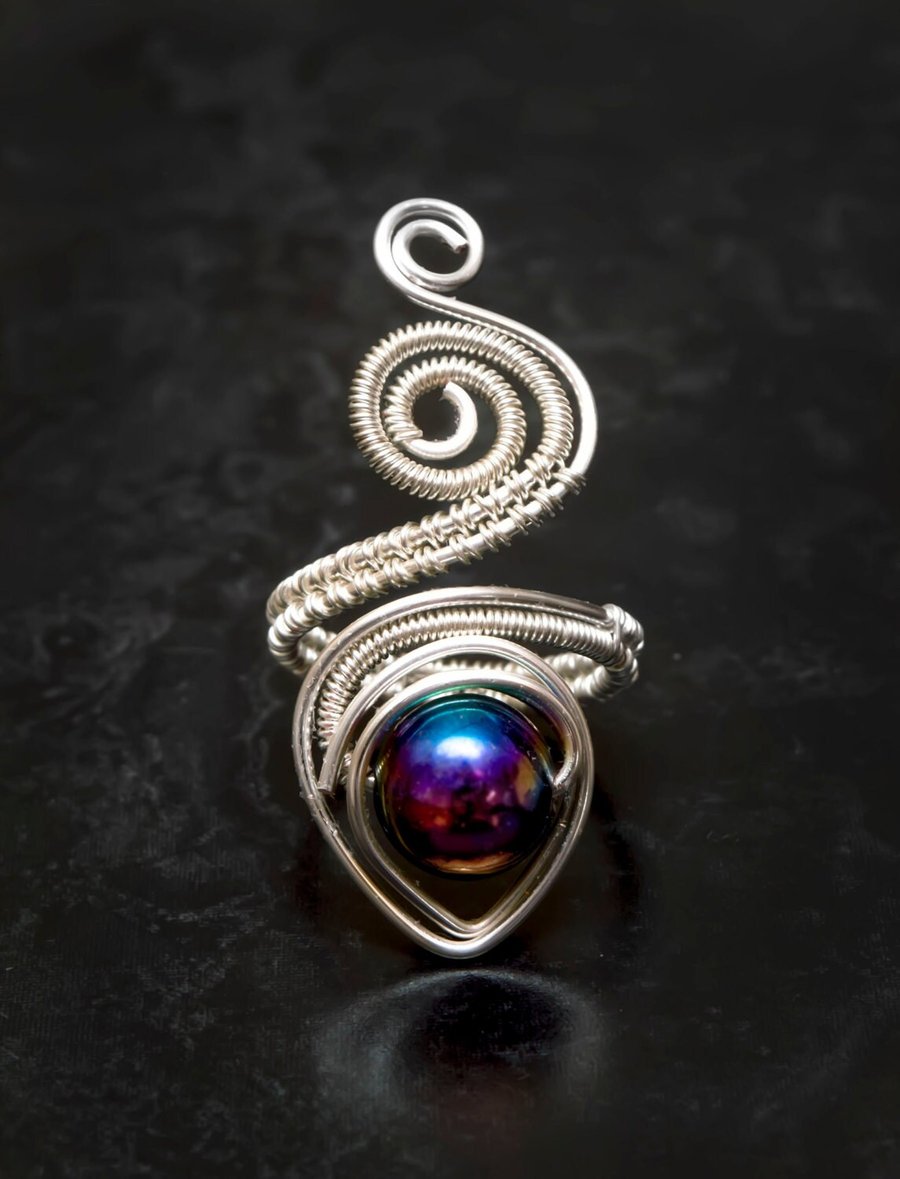 Silver wire rainbow coated black agate ,copper ring-adjustable, wire ring
