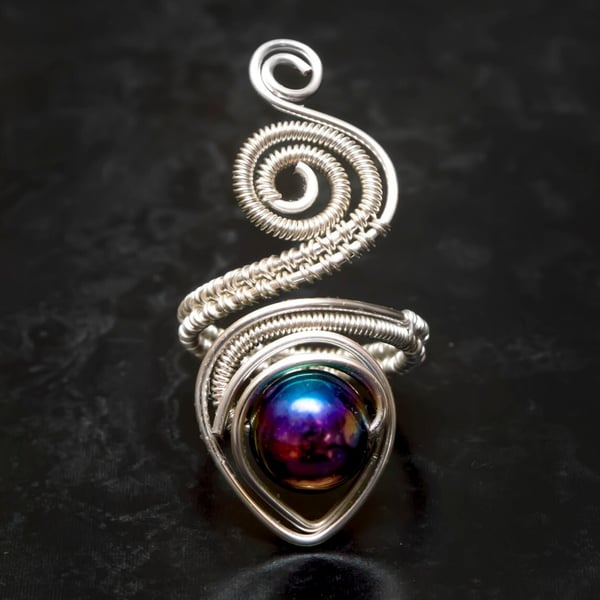 Silver wire rainbow coated black agate ,copper ring-adjustable, wire ring