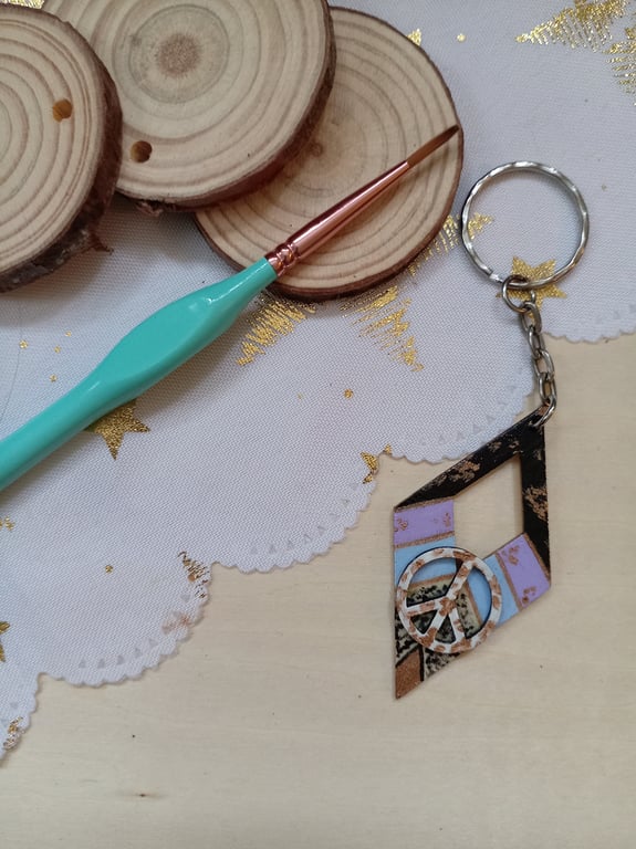 Wooden diamond shaped peace keyring 
