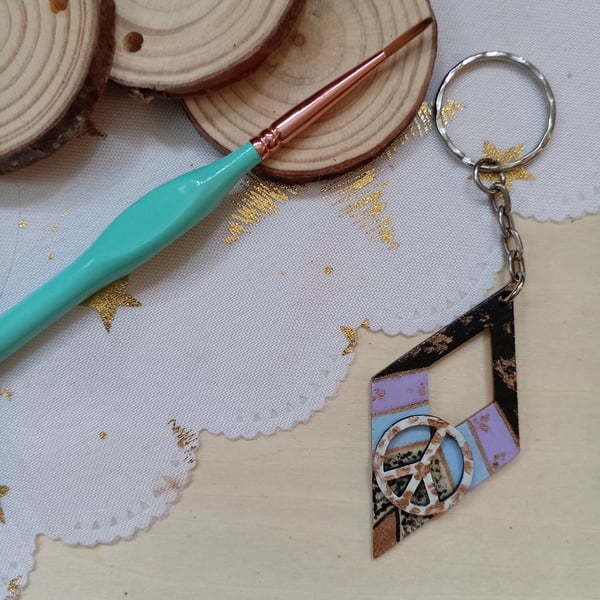 Wooden diamond shaped peace keyring 