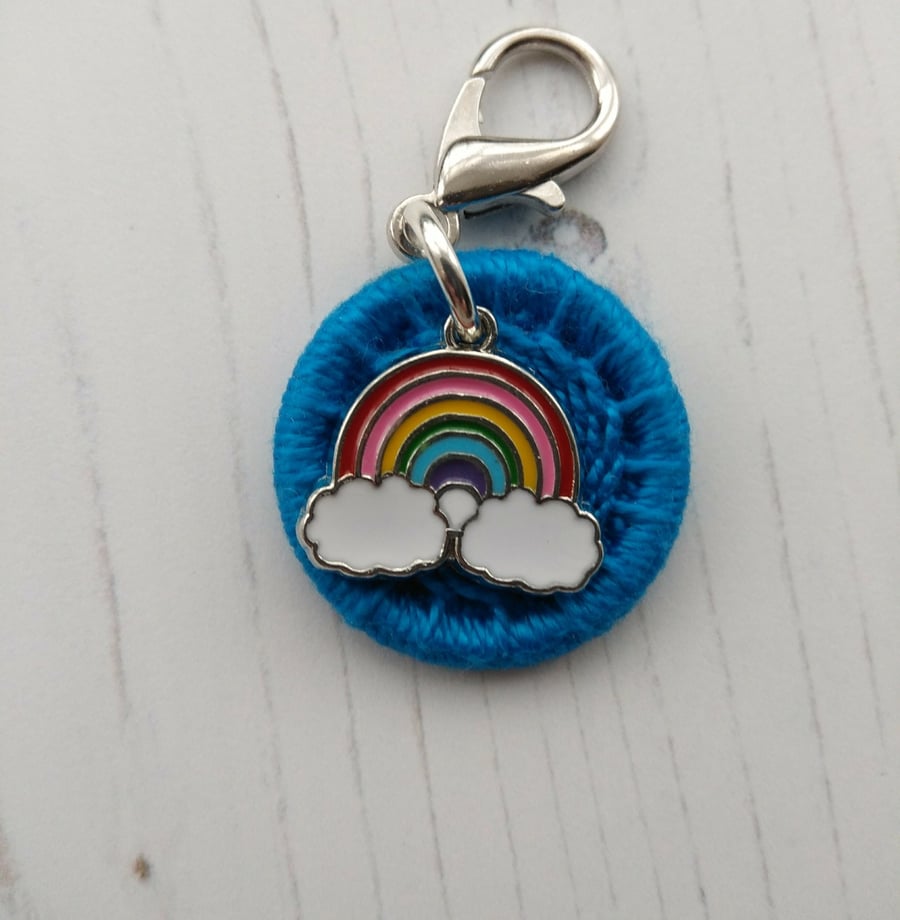 Turquoise Dorset Button with a Rainbow Charm for a Bag Jacket Zip Journal