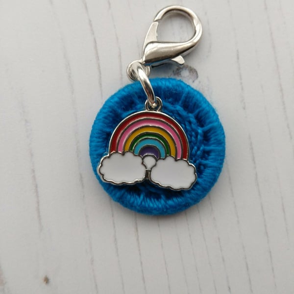 Turquoise Dorset Button with a Rainbow Charm for a Bag Jacket Zip Journal