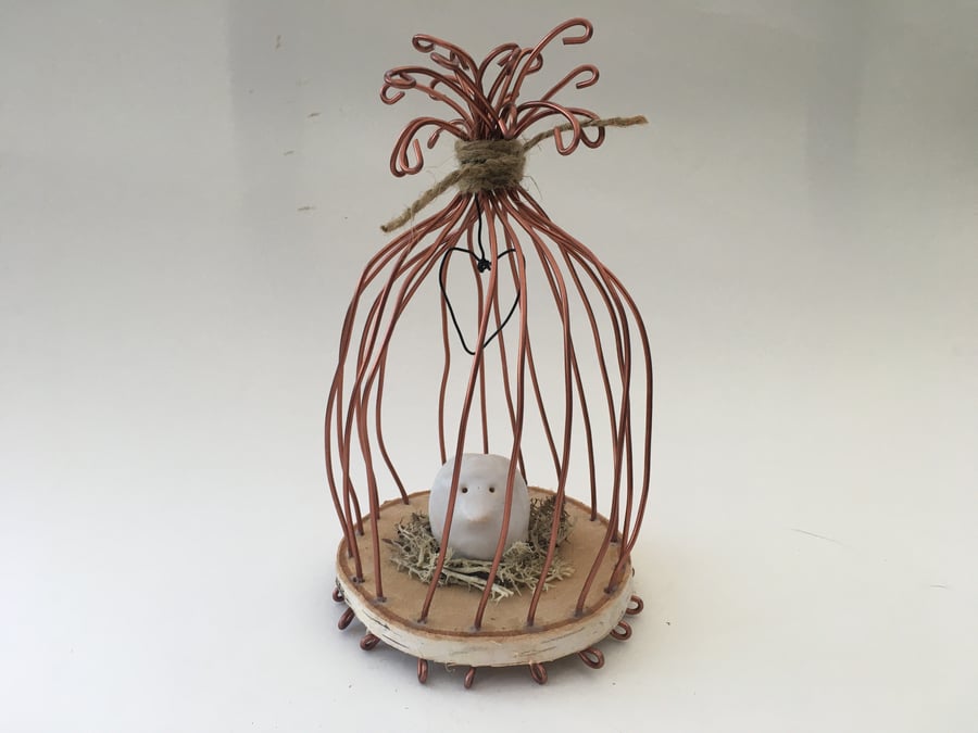 Wire bird cage, wire art sculpture, wire and pottery hanger, fantasy