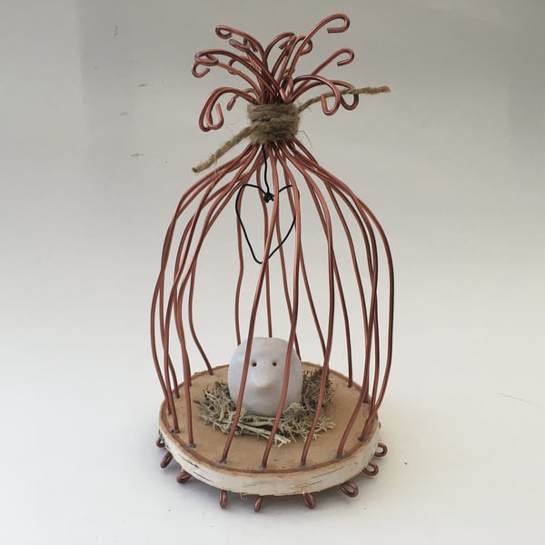 Wire bird cage, wire art sculpture, wire and pottery hanger, fantasy
