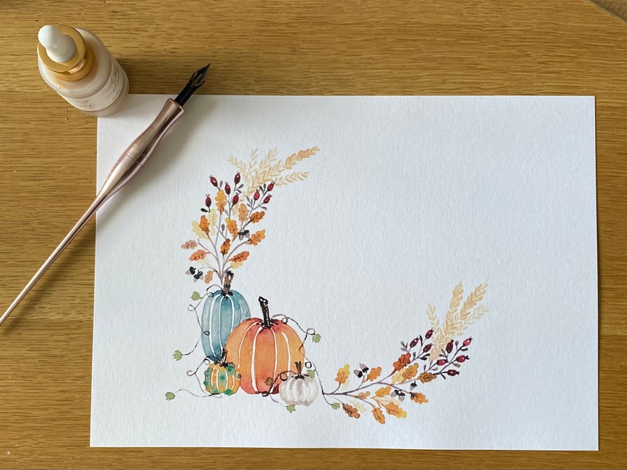 Personalised Autumn Pumpkin Wreath Watercolour Print - Eco-Friendly A4 Art - Cu