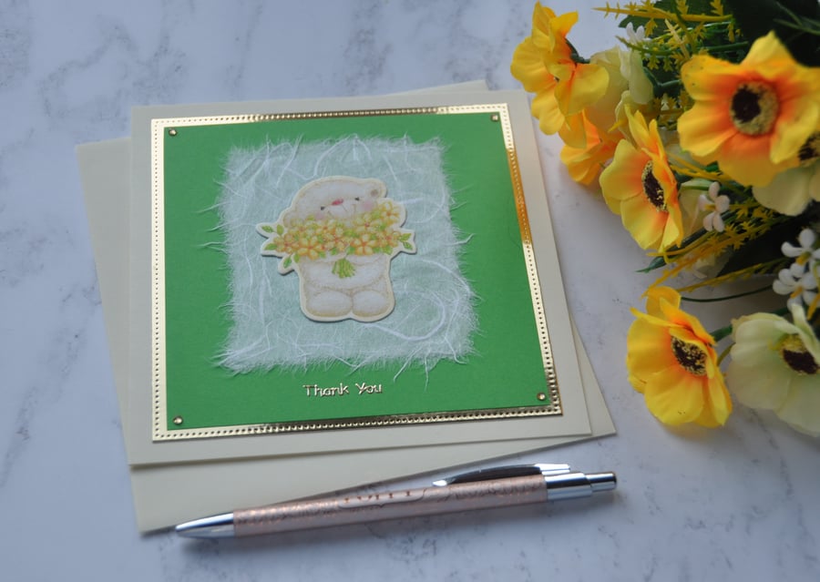 Thank You Card Cute Teddy Bear with Bouquet of Yellow Flowers Card