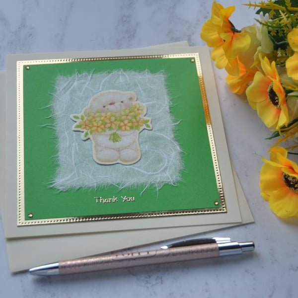 Thank You Card Cute Teddy Bear with Bouquet of Yellow Flowers Card