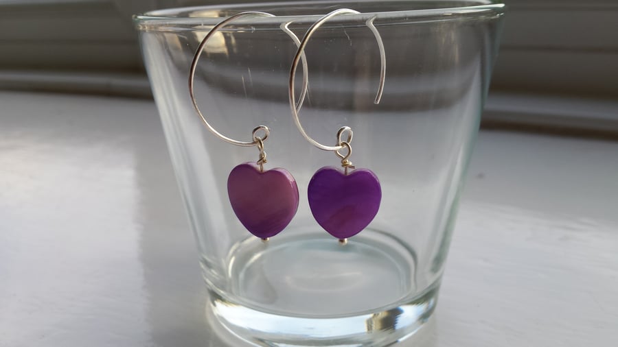 Purple Shell Heart and Hoop Earrings