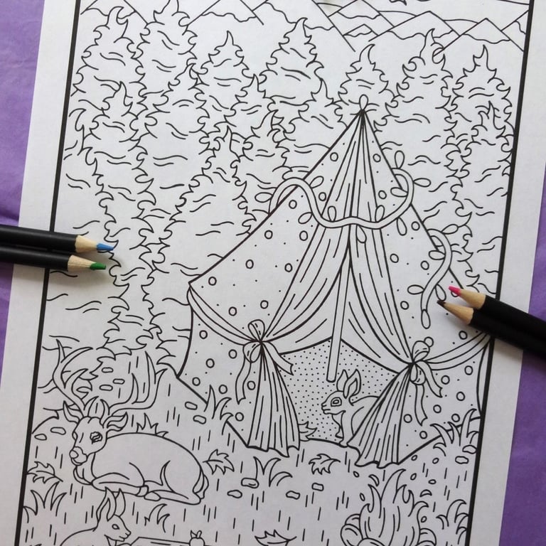 Tent In The Forest A4 Colouring Page Printable JPG by S Godwin Studio