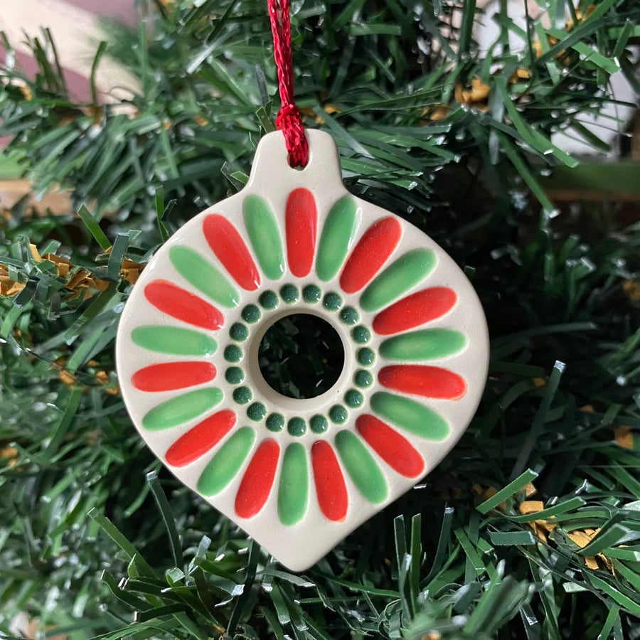 Pottery Bauble Christmas decoration red and green