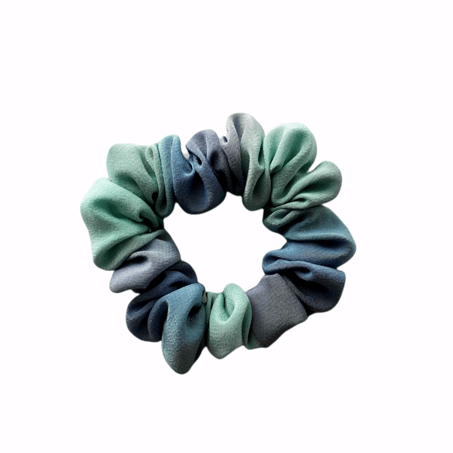 Small ombre muted green and grey painted silk hairtie, scrunchie.
