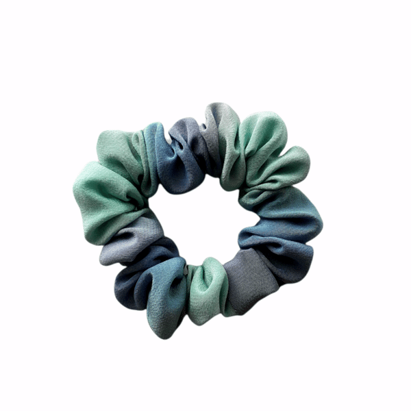 Small ombre muted green and grey painted silk hairtie, scrunchie.
