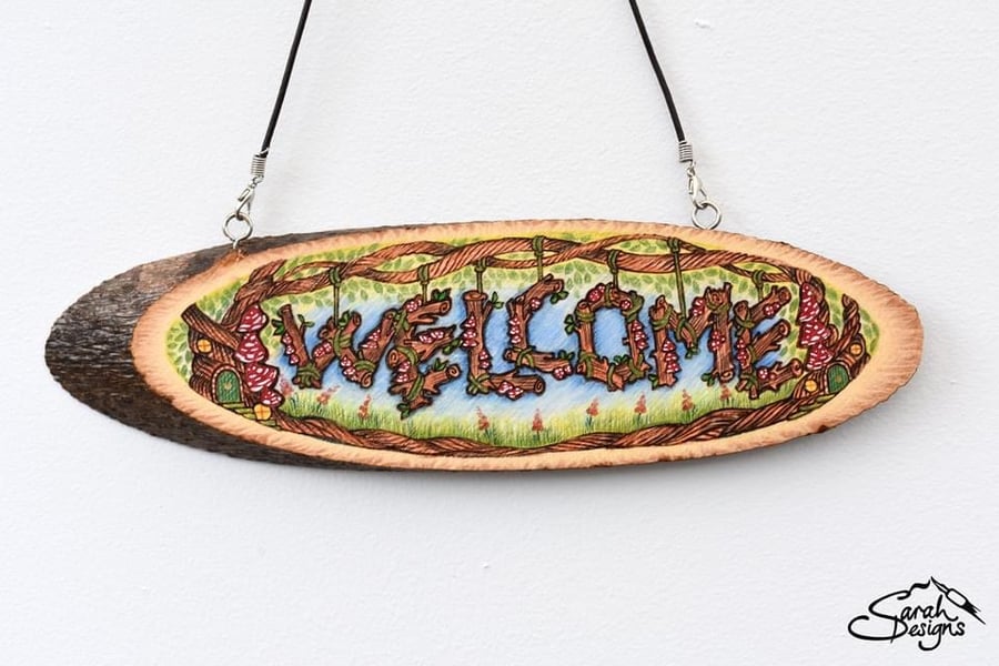 Pyrography Welcome hanging plaque. Original artwork, toadstools and mushrooms.