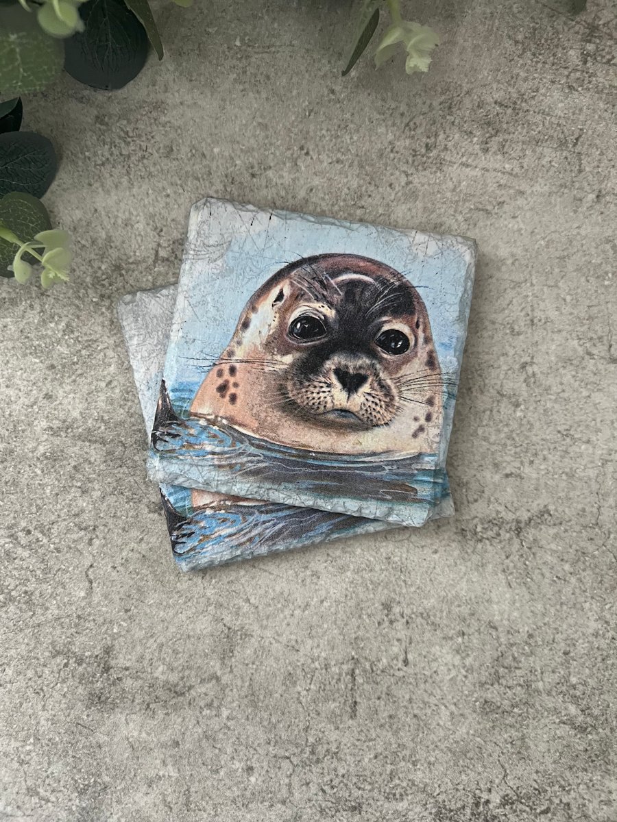 Slate Coasters Set of 2 - Decoupage Seals, Coastal Home, Nature Inspired