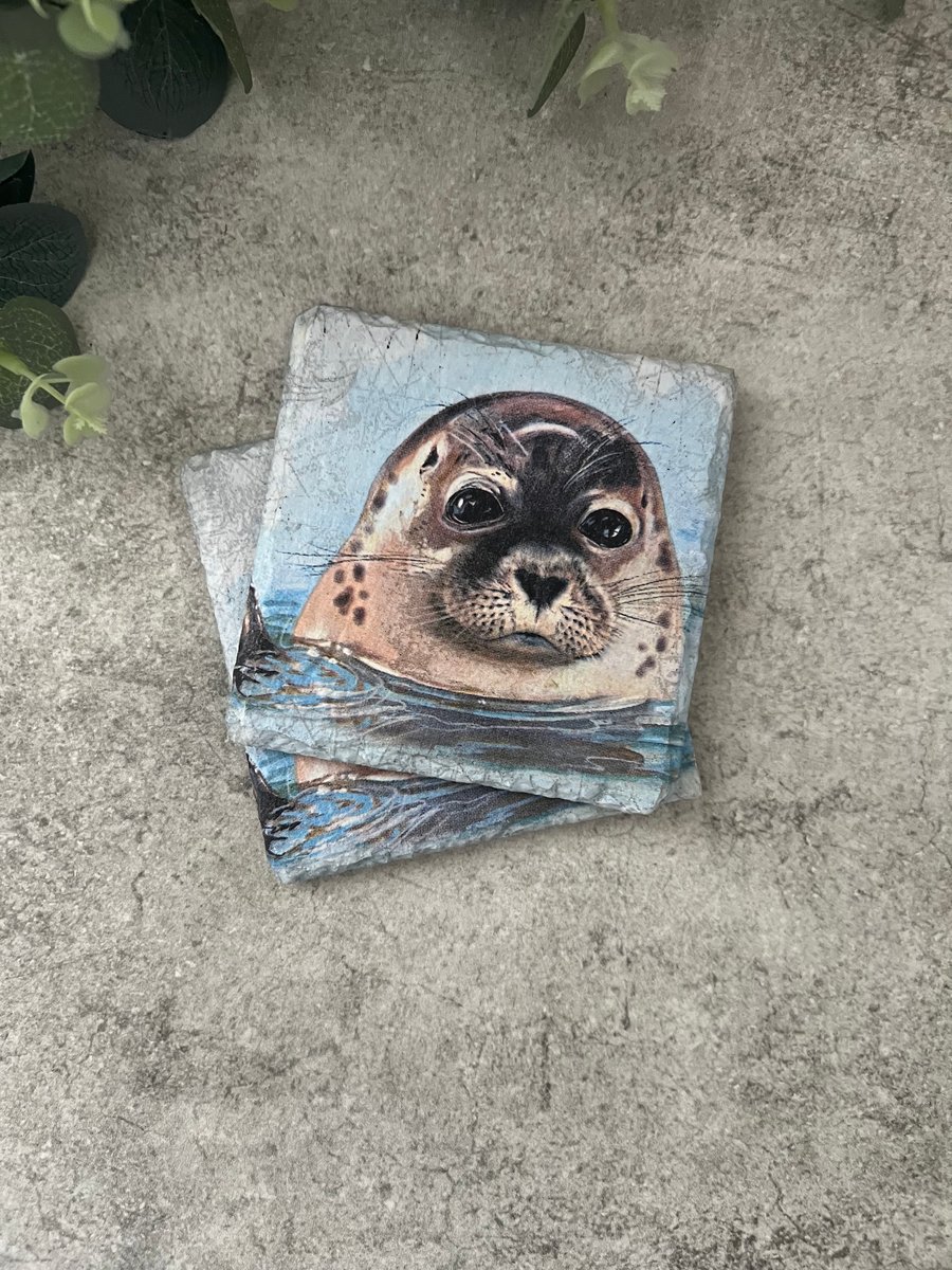 Slate Coasters Set of 2 - Decoupage Seals, Coastal Home, Nature Inspired