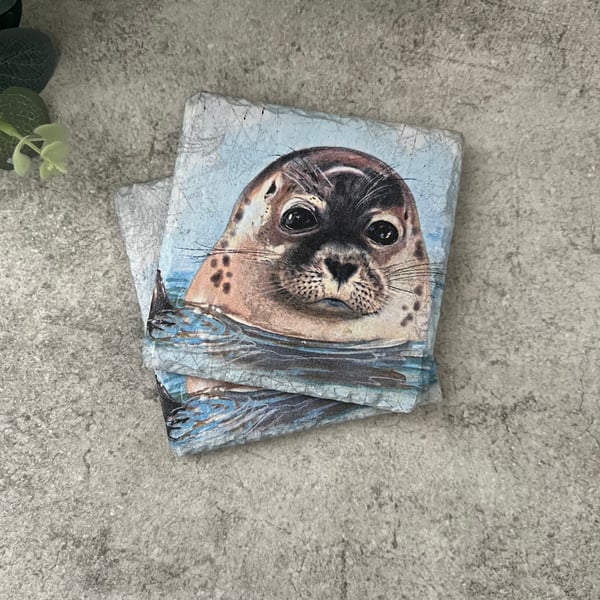 Slate Coasters Set of 2 - Decoupage Seals, Coastal Home, Nature Inspired