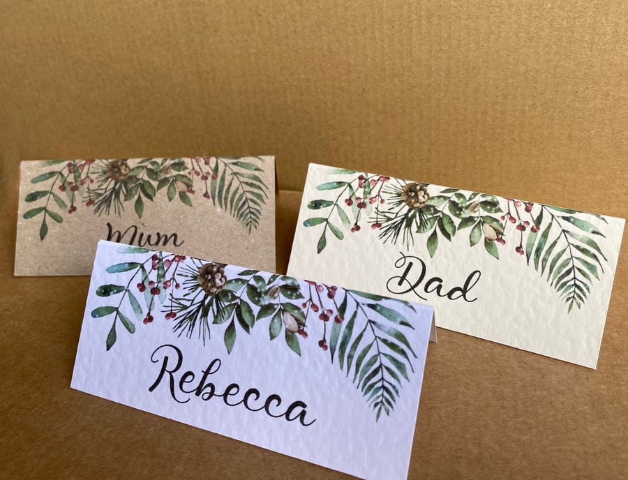 6x Christmas place name CARDS Wedding table setting greenery frame personalised