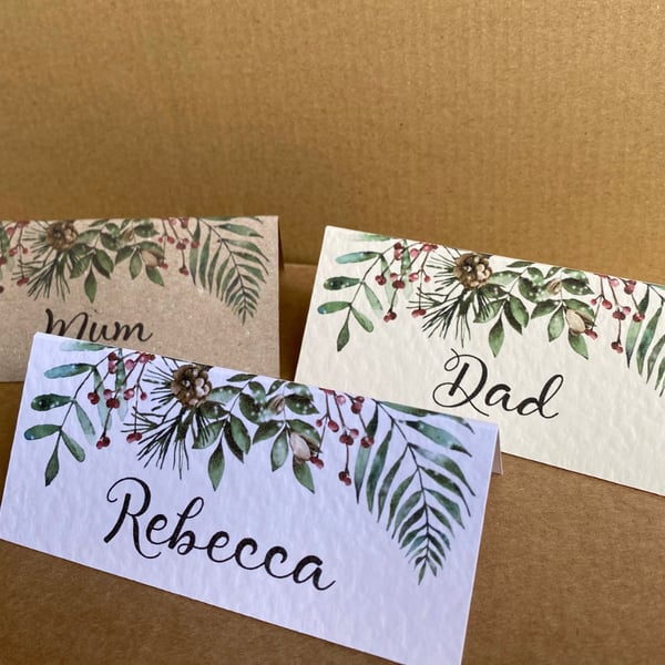 6x Christmas place name CARDS Wedding table setting greenery frame personalised