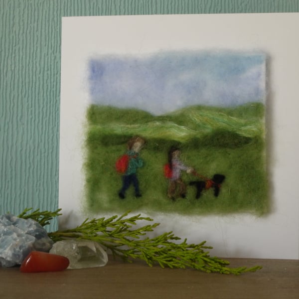 Handmade needle felted Hiking Couple greetings card