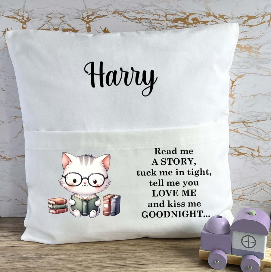 Personalised Cat Book Pocket Cushion, Read Me A Story Reading Cushion