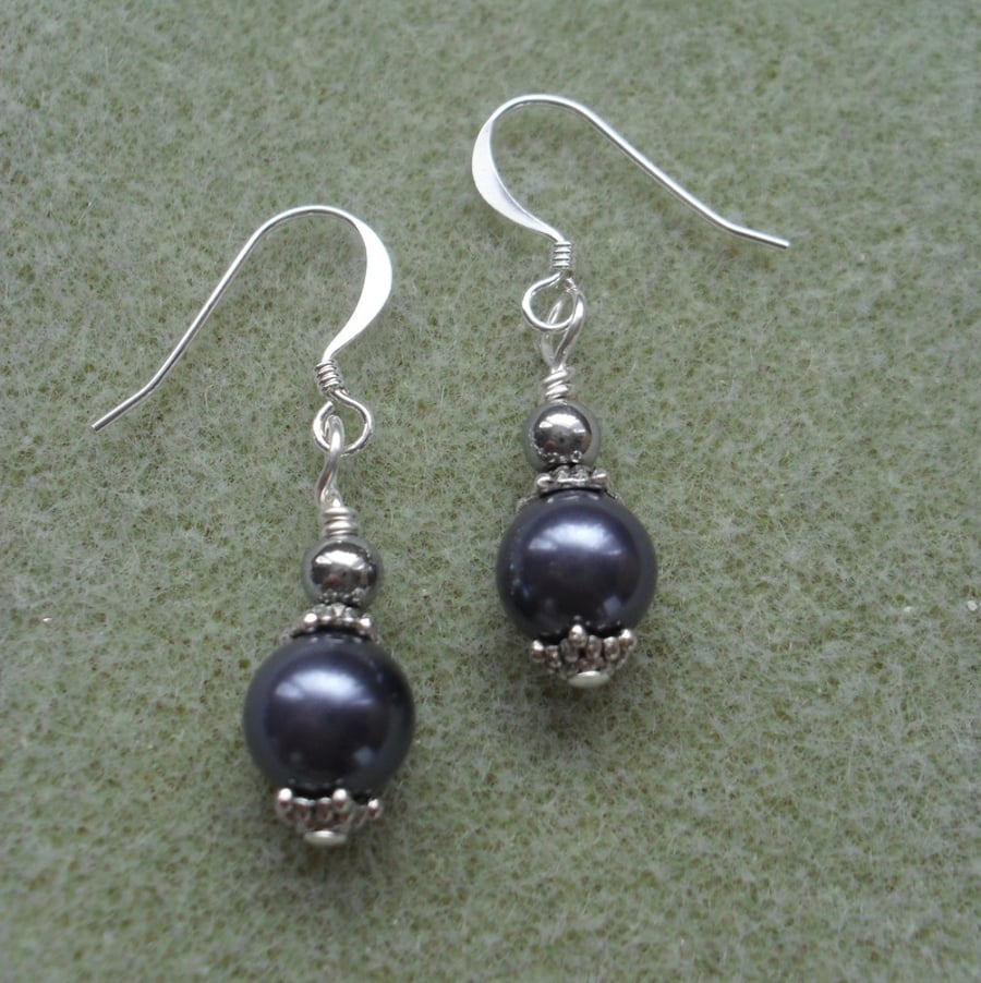 Dark Blue Shell Pearl Silver Plate Drop Earrings