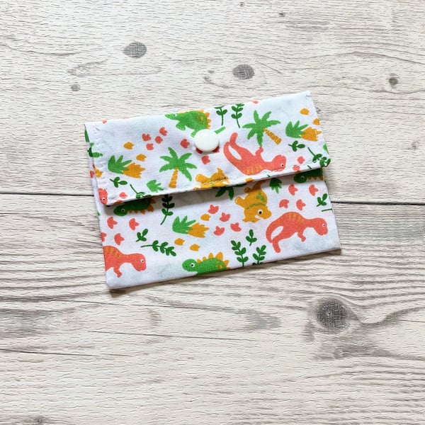 Dinosaurs on white fabric card holder pouch. Loyalty, credit cards purse. 