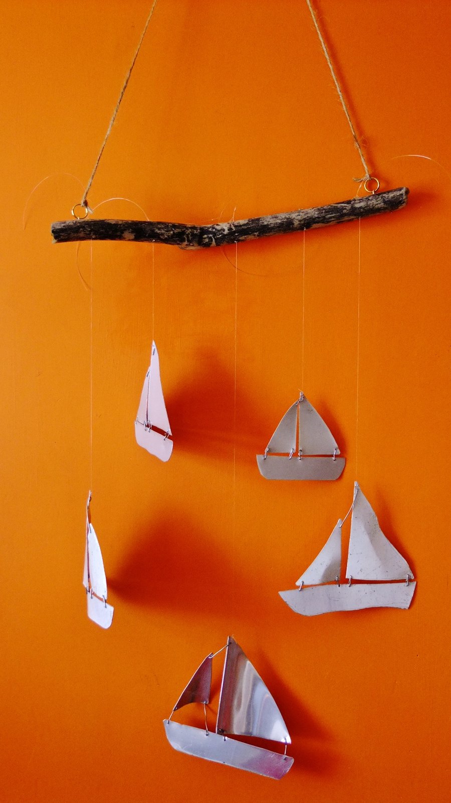 Mobile with yatch boat ship made from recycled aluminium & cornish driftwood 