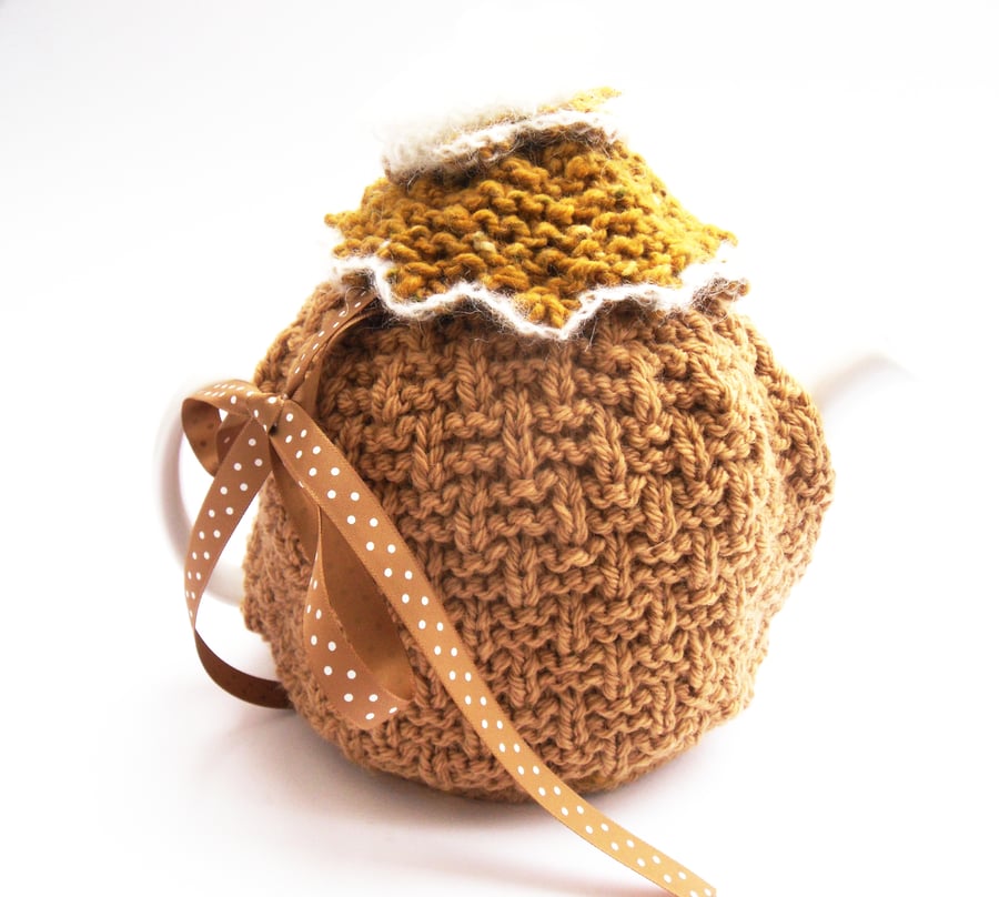Mustard Tea Pot Cosy , hand knit , half price