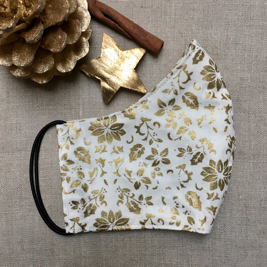 SALE Reusable Gold Poinsettia Flowers on Cream Cotton Fabric Face Mask