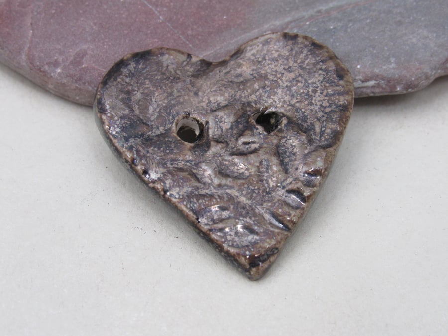 Medium Bronze Leaf Sprig Texture Heart Shaped Ceramic Button