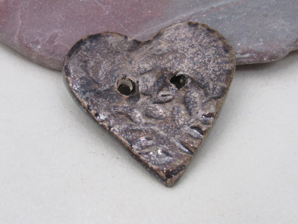 Medium Bronze Leaf Sprig Texture Heart Shaped Ceramic Button