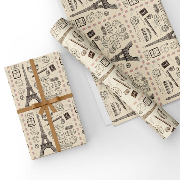 Gift Wrap Paris Design & Matching Tag-Eiffel Tower-Wrapping Paper-LG20