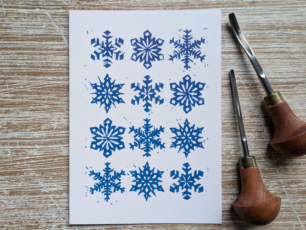 Twelve Ice Blue Snowflakes, original hand-pulled linoprint christmas card