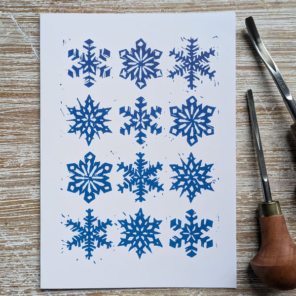 Twelve Ice Blue Snowflakes, original hand-pulled linoprint christmas card
